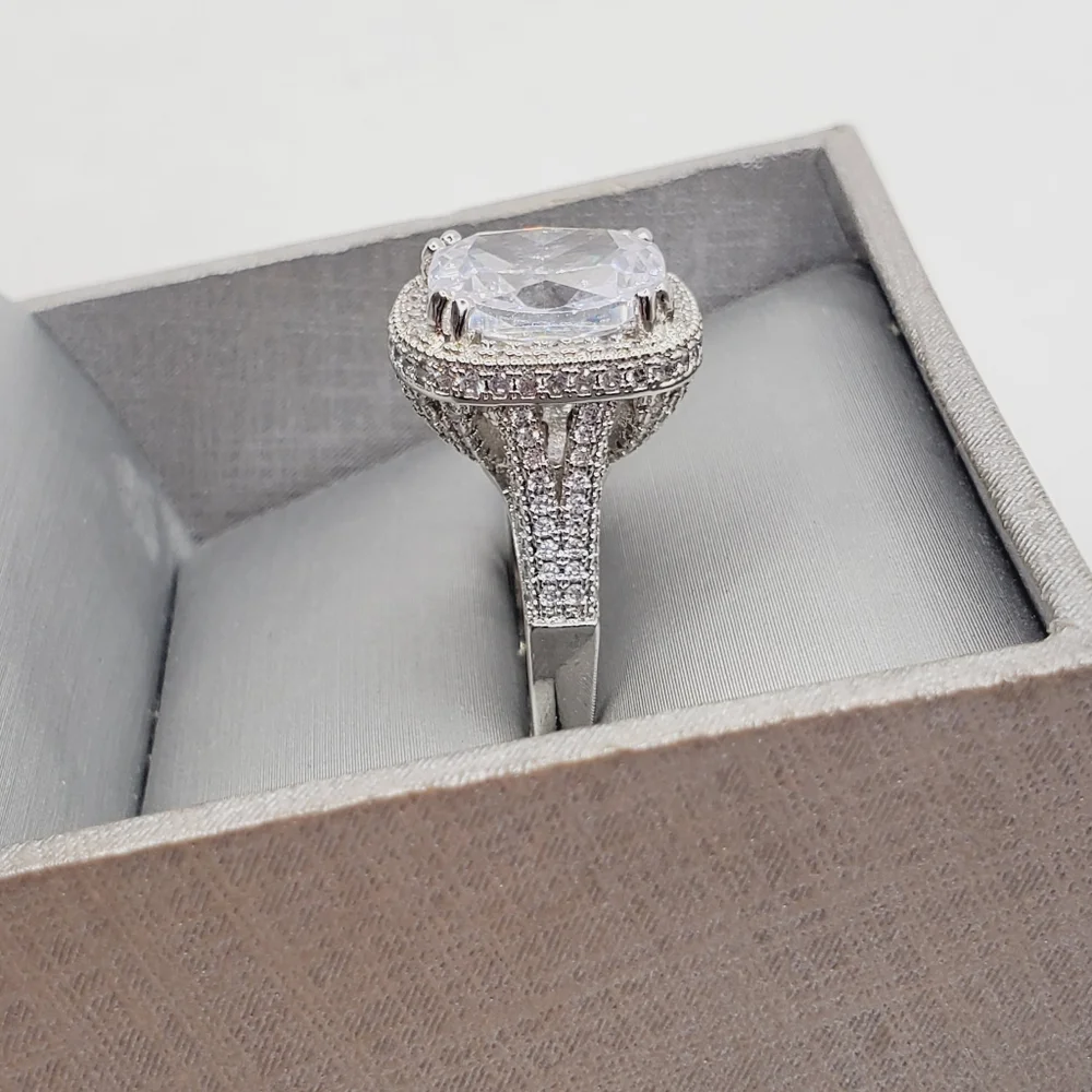 Cushion Cut White Diamond Simulants Silver Tone Pave Halo Engagement Ring